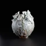 Akiko Hirai, Moon jar, circa 2020, Grogged stoneware, rugged and cracked porcelain deposits over layered slips beneath running ash glazes