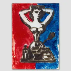'Donna allo specchio' by Gio Ponti, circa 1950, Framed in a painted white wood frame under glass, presented in a white window mount. Painted and reverse-painted glass, , sold Apr 2023