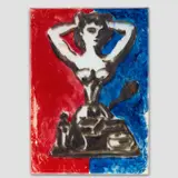 'Donna allo specchio' by Gio Ponti, circa 1950, Framed in a painted white wood frame under glass, presented in a white window mount. Painted and reverse-painted glass, , sold Apr 2023