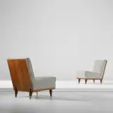 Gio Ponti, Pair of rare slip chairs, circa 1954, Walnut-veneered wood, sapele-veneered wood, beech, fabric, nickel-plated brass