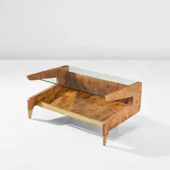 Coffee table from Casa di Fantasia, Milan by Gio Ponti, circa 1951, Burr walnut-veneered wood, glass, brass, sold Apr 2023