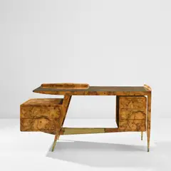 Gio Ponti, Desk from Casa di Fantasia, Milan, circa 1951, Burr walnut-veneered wood, glass, brass