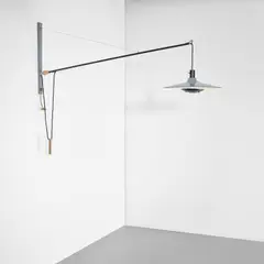 Adjustable wall light by Gino Sarfatti, circa 1951, Painted aluminium, painted brass, painted steel, steel wire, brass, sold Apr 2023