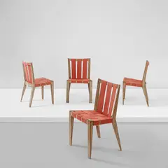 Jean Royere, Set of four chairs, circa 1945, Limed oak, fabric