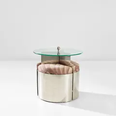 Michel Dufet, Table with three stools, circa 1933, Nickel-plated brass, glass, fabric