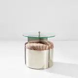 Michel Dufet, Table with three stools, circa 1933, Nickel-plated brass, glass, fabric