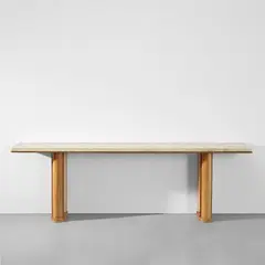 Paul Dupré-Lafon, Console, circa 1955, Travertine, African mahogany, brass