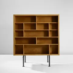 Pierre Patout, Double-sided bookcase from the bibliothèque municipale, Tours, circa 1957, Oak, oak-veneered wood, Brazilian mahogany, painted steel