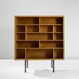 Pierre Patout, Double-sided bookcase from the bibliothèque municipale, Tours, circa 1957, Oak, oak-veneered wood, Brazilian mahogany, painted steel