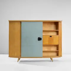 Wardrobe by Gio Ponti, circa 1954, Stained poplar, stained poplar-veneered wood, fabric-covered wood, enamelled metal, plastic, brass, sold Apr 2023