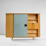Wardrobe by Gio Ponti, circa 1954, Stained poplar, stained poplar-veneered wood, fabric-covered wood, enamelled metal, plastic, brass, sold Apr 2023