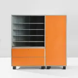 Cabinet, commissioned by the Brauner family, Saxony by Bauhaus Tischlerei-Werkstatt, circa 1927, Painted wood, painted beech-veneered plywood, pine, glass, nickel-plated brass, brass, offered Apr 2023