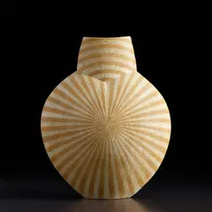 John Ward, Large disc pot, circa 2002, Stoneware, white and ochre glazes with a radiating banded design