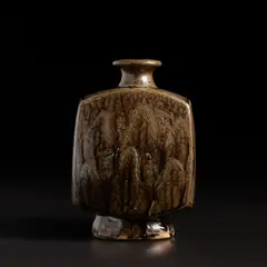Bernard Leach, Bottle vase, circa 1967, Stoneware with engraved design of trees in a mountainous landscape, beneath an ash glaze