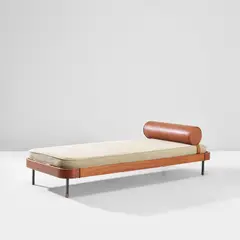Daybed by Gio Ponti, circa 1966, Sapele laminate, fabric, leather, painted steel, rubber, brass, sold Apr 2023