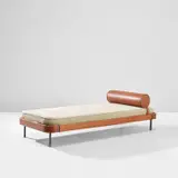 Daybed by Gio Ponti, circa 1966, Sapele laminate, fabric, leather, painted steel, rubber, brass, sold Apr 2023