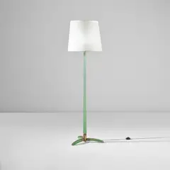 Carlo Scarpa, Rare floor lamp, model no. 527, circa 1942, Coloured sommerso a bollicine glass with gold leaf inclusions, brass, paper shade