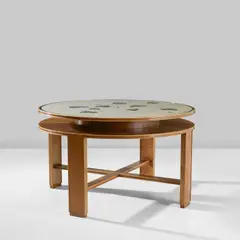 Centre table by Gio Ponti, circa 1938, Brazilian rosewood-veneered wood, walnut, reverse-etched mirrored glass, offered Apr 2023