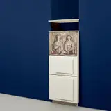 Gio Ponti, Unique inset drinks cabinet with integrated 'Le bariste' painting and shelf, circa 1948 and circa 1955, Painted veneered wood, painted wood, ash-veneered wood, oil on panel, plastic laminate-covered wood, glass, brass