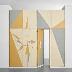 Gio Ponti, Unique large wardrobe with integrated door, circa 1955, Painted wood, ash, ash-veneered wood, aluminium, mirrored glass, brass