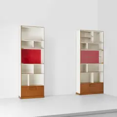 Gio Ponti, Two custom bookcases with integrated cabinets, circa 1955, Teak-veneered wood, painted wood, fabric-covered wood, glass, acrylic, brass