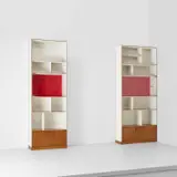 Gio Ponti, Two custom bookcases with integrated cabinets, circa 1955, Teak-veneered wood, painted wood, fabric-covered wood, glass, acrylic, brass