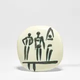 'Trois personnages sur tremplin' by Pablo Picasso, 1956, Painted and glazed white earthenware plaque with sculpted design, sold Apr 2023