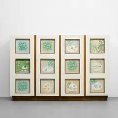 Gio Ponti and Adriano Spilimbergo, Unique illuminated wardrobe with twelve integrated paintings, circa 1939, Grissinato painted walnut, walnut, walnut-veneered wood, glass, gouache on paper, mirrored glass, brass