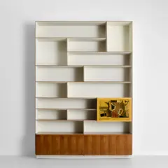 Gio Ponti and Piero Zuffi, Unique bookcase with cabinets and integrated lithograph, circa 1955 and 1951, Walnut-veneered wood, painted walnut, varnished lithograph in colour on paper