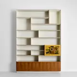 Gio Ponti and Piero Zuffi, Unique bookcase with cabinets and integrated lithograph, circa 1955 and 1951, Walnut-veneered wood, painted walnut, varnished lithograph in colour on paper