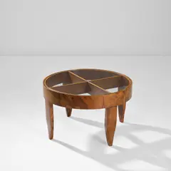 Coffee table by Gio Ponti, 1930s, Burr walnut-veneered wood, walnut-veneered wood, glass, sold Oct 2023