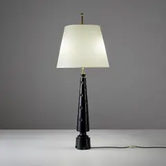 Table lamp by Stilnovo, circa 1950, Ebonized wood, brass, paper shade, sold Oct 2023
