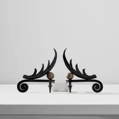 Pair of andirons by Gilbert Poillerat, circa 1935, Painted iron, brass, sold Oct 2023