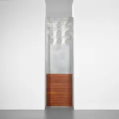 Panel with portholes, from the École Maternelle de Bouqueval by Jean Prouvé, circa 1949, Aluminium, painted aluminium, stained pine, glass, sold Oct 2023