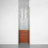 Panel with portholes, from the École Maternelle de Bouqueval by Jean Prouvé, circa 1949, Aluminium, painted aluminium, stained pine, glass, sold Oct 2023