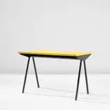 'Compas' cafétéria table, designed for the Cité Universitaire d'Antony by Jean Prouvé and Charlotte Perriand, circa 1955, Plastic-laminated wood, painted steel, sold Oct 2023