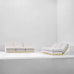 Pair of 'Quick-Change' adjustable sofas, from the 'Plurimi' series by Gabriella Crespi, circa 1972, Brass-anodised aluminium, fabric, sold Oct 2023