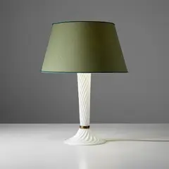 Venini, Table lamp, circa 1938, Lattimo glass, brass, fabric shade