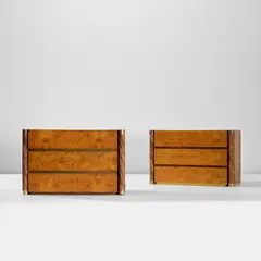 Gabriella Crespi, Two chests of drawers, model no. 2033, from the 'Unicum' series, 1975, Burr maple-veneered wood, Malacca rattan, brass
