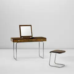 Fritz Hansen, Vanity table and stool, model no. S 218, circa 1930, Stained birch, chrome-plated steel, vinyl, mirrored glass