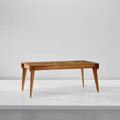 Rare dining table by Gio Ponti, circa 1950, Burr walnut-veneered wood, walnut-veneered wood, walnut, glass, brass, sold Oct 2023