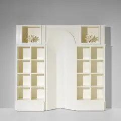 G.R.A.U., Custom bookcase, circa 1967, Painted beech-veneered plywood, painted pine, glazed ceramic