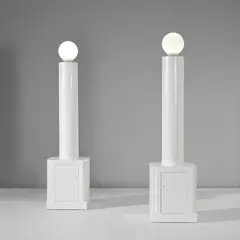 G.R.A.U., Pair of custom floor lamps with cabinets, circa 1967, Painted wood, glass, painted aluminium