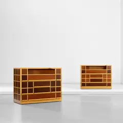 G.R.A.U., Pair of custom chests of drawers, circa 1967, Jelutong, sapele mahogany, sapele mahogany-veneered wood, brass