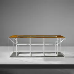 Custom table by G.R.A.U., circa 1967, Walnut, painted steel, glass, pietra serena , mirrored glass, brass, sold Oct 2023