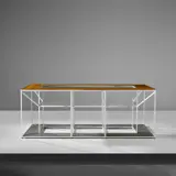 G.R.A.U., Custom table, circa 1967, Walnut, painted steel, glass, pietra serena , mirrored glass, brass