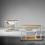 G.R.A.U., Pair of custom console tables, circa 1967, Birch-veneered wood, walnut, mirrored-glass, painted steel, steel, rubber casters