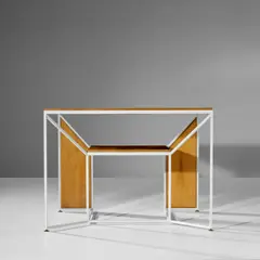 G.R.A.U., Custom desk, circa 1967, Jelutong-veneered wood, walnut, painted steel, brass
