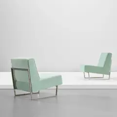 Pair of 'Courchevel' lounge chairs by Pierre Guariche, circa 1959, Chrome-plated metal, fabric, offered Oct 2023