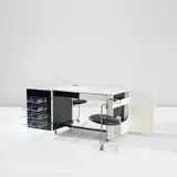 Gio Ponti, Desk with pair of integrated chairs, model no. A012, from the 'Apta' series, circa 1970, Painted wood, steel, painted steel, chrome-plated steel, vinyl, acrylic, rubber casters